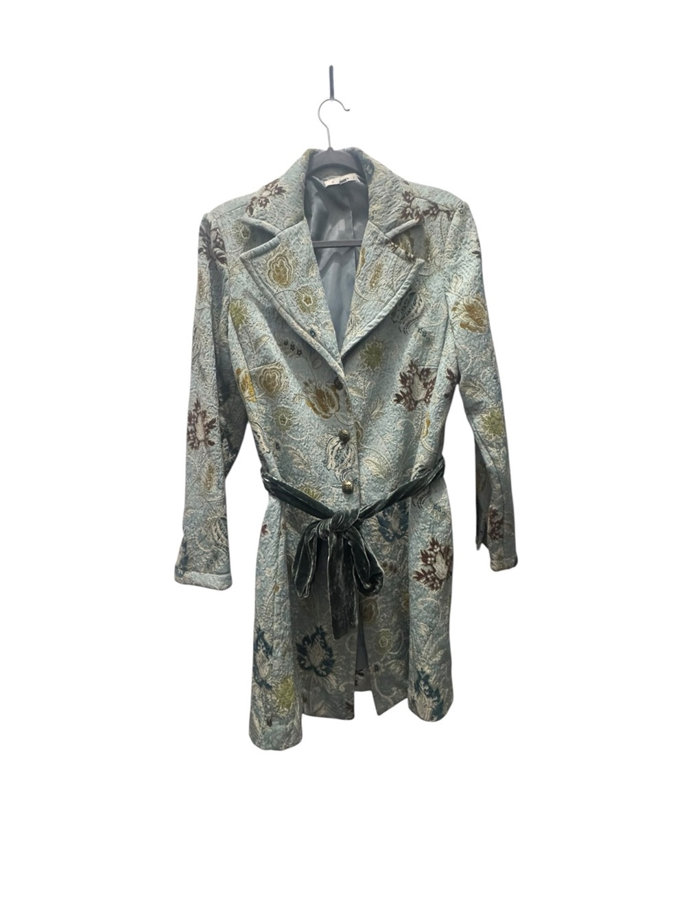 CAbi Dusty Blue Floral Jacquard Belted Trench